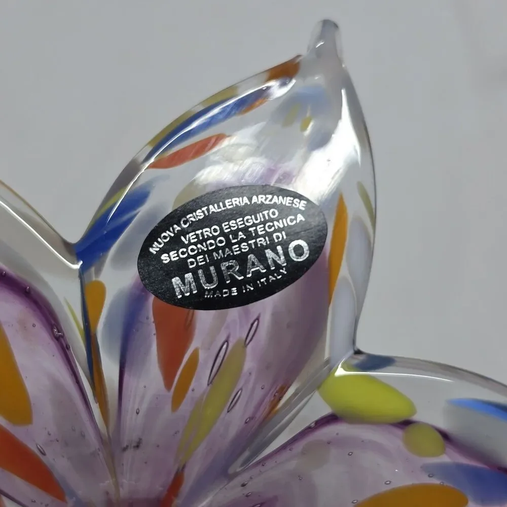 Murano Style Blown Glass Flower Set Of 2 Purple Clear Made in Italy New